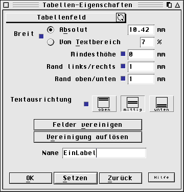 Tabellenfelddialog mit einem definierten Label